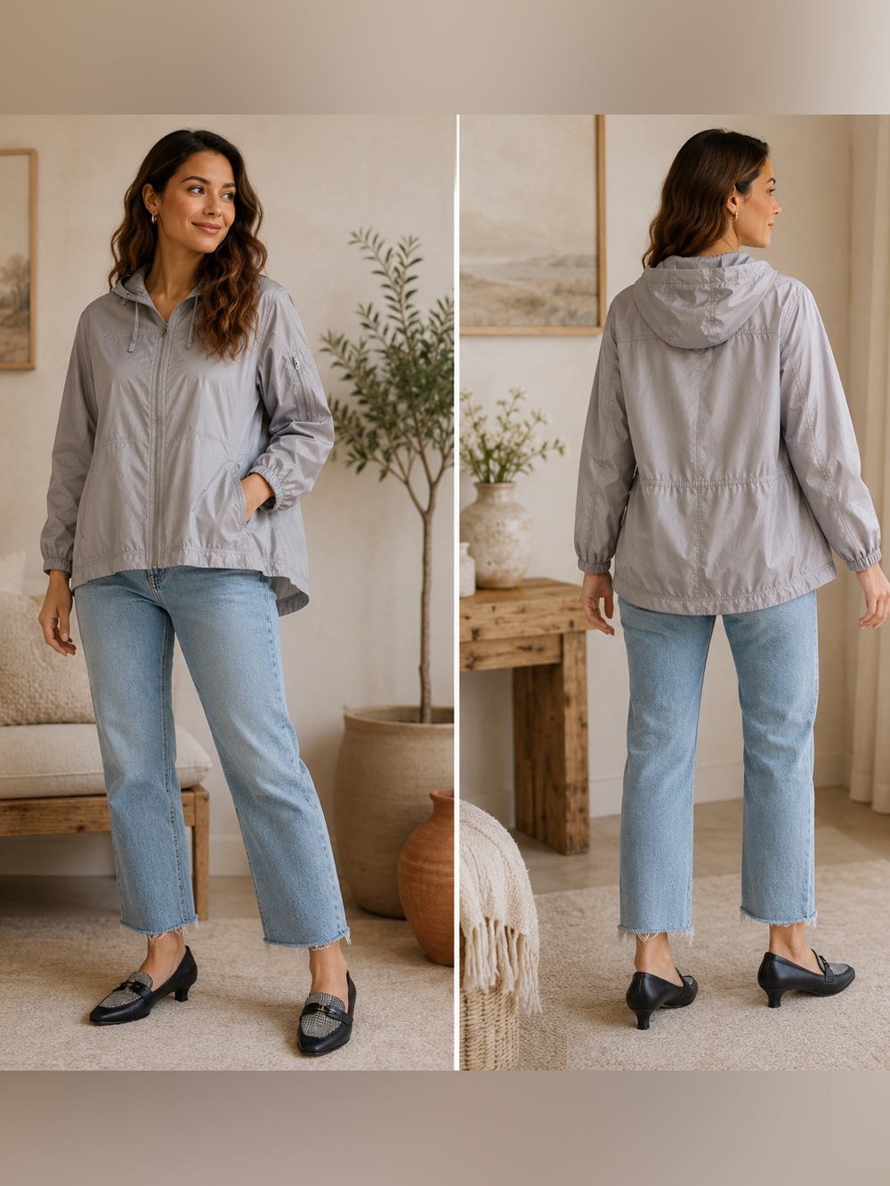 Light Gray Hooded Windbreaker Jacket - Women's Lightweight Coat